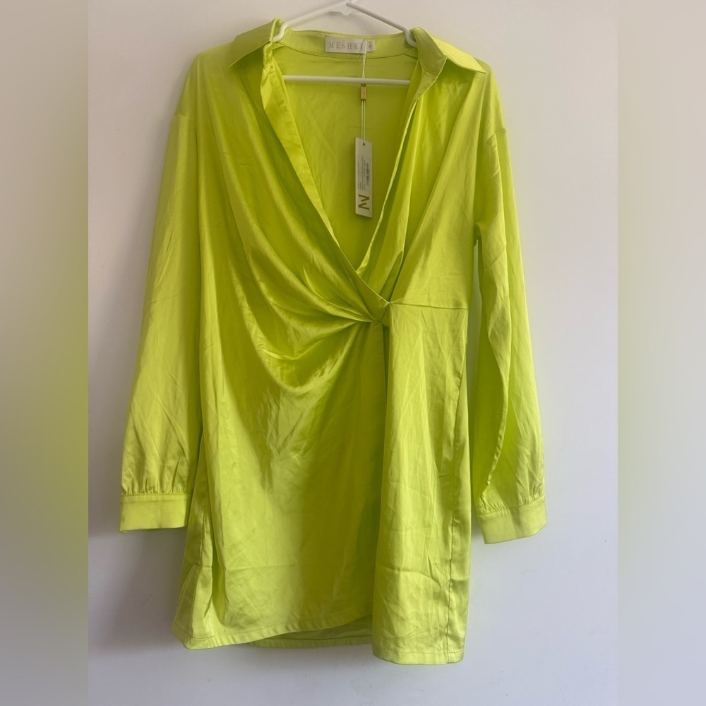 Meshki Allie Satin Wrap Shirt Dress Lime Green Size S